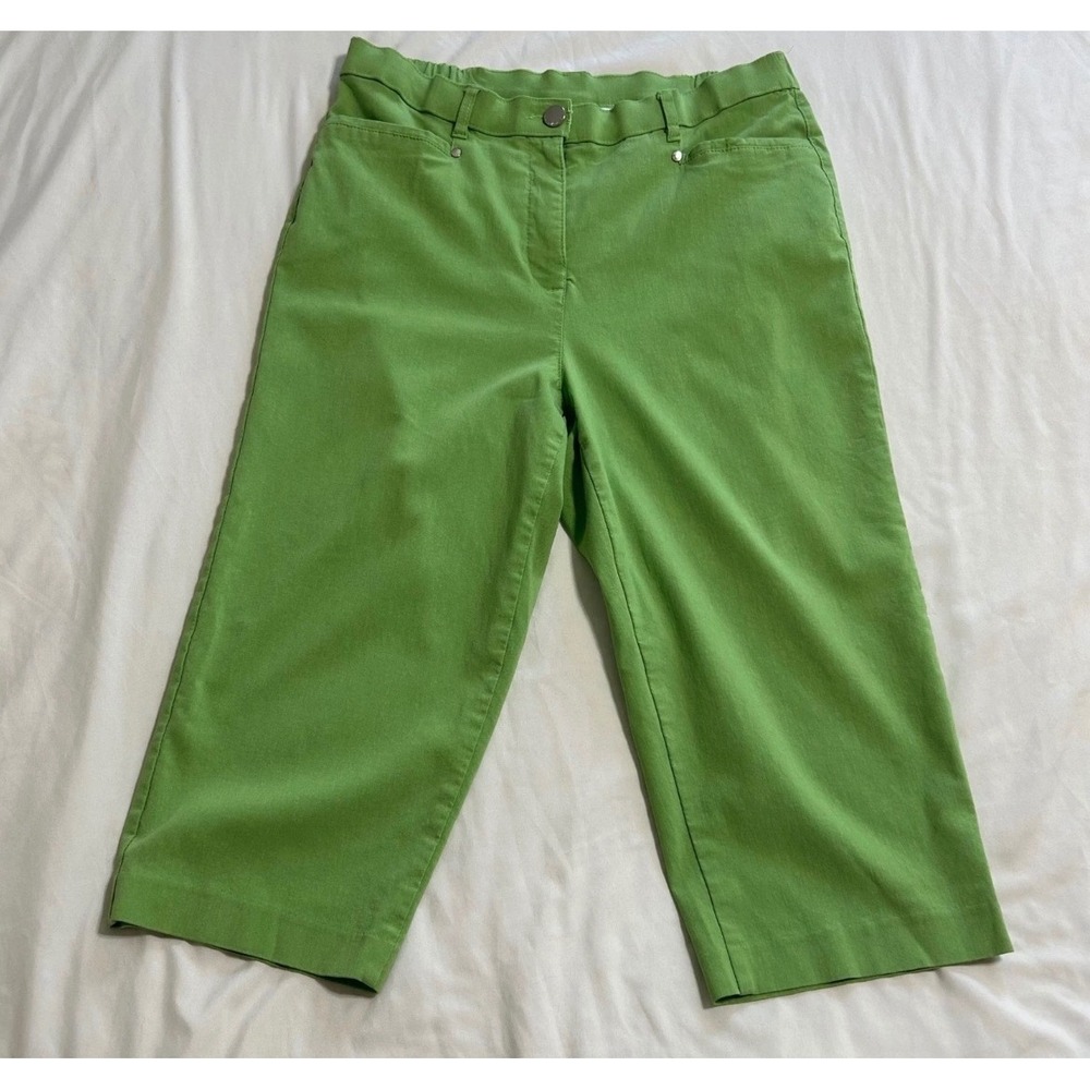 Alison Daley Green Capri Pants Women Cropped Straight Leg Elastic Waist Casual